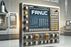 Panel de control Fanuc en un entorno industrial moderno, ideal para representar un curso de programación CNC.