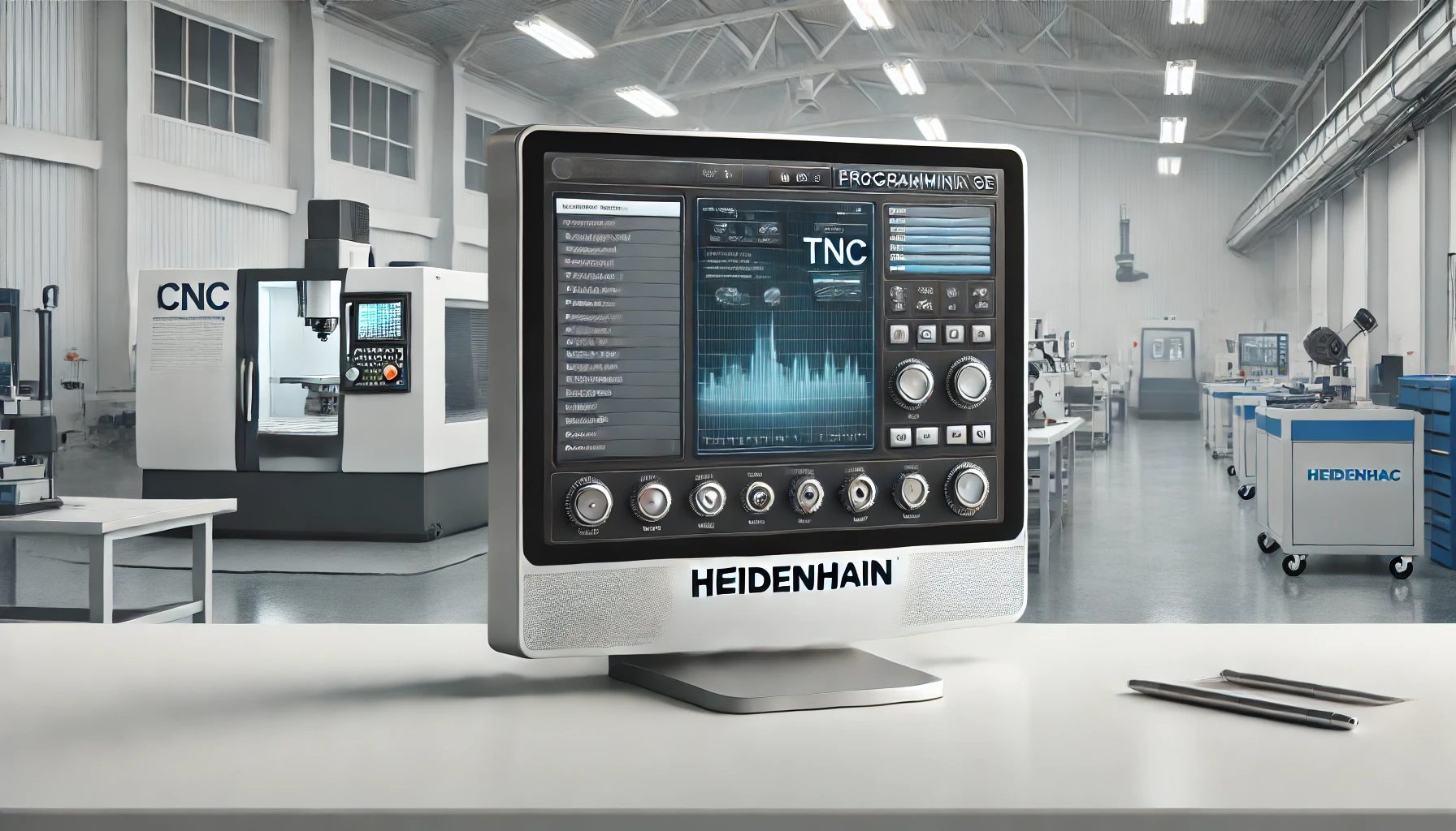 Panel de control Heidenhain TNC en un taller industrial moderno, representando un curso avanzado de programación CNC.