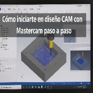 Interfaz de Mastercam mostrando diseño y simulación de trayectorias para fresado CNC