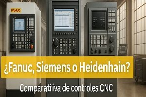 Controles CNC Fanuc, Siemens y Heidenhain en un entorno industrial con mensaje comparativo