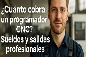 Retrato de un programador CNC con fondo industrial y texto sobre sueldos y salidas profesionales