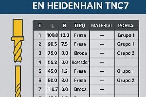Infografía técnica que explica cómo crear una tabla de herramientas en Heidenhain TNC7, mostrando columnas con longitudes, radios, tipos de herramienta y grupos organizados.