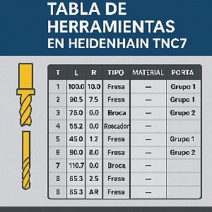 Infografía técnica que explica cómo crear una tabla de herramientas en Heidenhain TNC7, mostrando columnas con longitudes, radios, tipos de herramienta y grupos organizados.