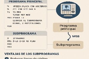 Infografía que explica cómo crear subprogramas en CNC con M98 y M99, mostrando ejemplos de código, estructura principal y subprograma, y sus ventajas en mecanizado.
