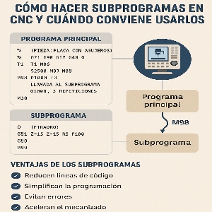 Infografía que explica cómo crear subprogramas en CNC con M98 y M99, mostrando ejemplos de código, estructura principal y subprograma, y sus ventajas en mecanizado.