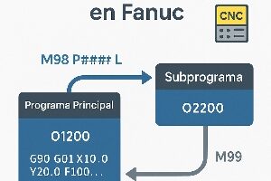 Infografía técnica que muestra el uso de las subrutinas M98 y M99 en Fanuc, con un diagrama del flujo entre el programa principal y el subprograma O####.