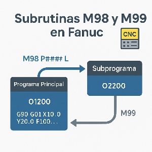 Infografía técnica que muestra el uso de las subrutinas M98 y M99 en Fanuc, con un diagrama del flujo entre el programa principal y el subprograma O####.