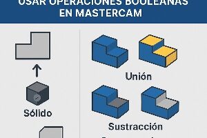 Infografía técnica que muestra cómo crear un plano sólido y aplicar operaciones booleanas en Mastercam, con ejemplos visuales de unión, sustracción e intersección.