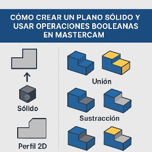 Infografía técnica que muestra cómo crear un plano sólido y aplicar operaciones booleanas en Mastercam, con ejemplos visuales de unión, sustracción e intersección.
