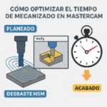 Infografía técnica que muestra cómo optimizar el tiempo de mecanizado en Mastercam, con estrategias de desbaste, enlaces rápidos y simulación de trayectorias CNC.