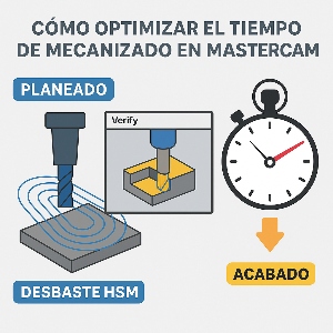 Infografía técnica que muestra cómo optimizar el tiempo de mecanizado en Mastercam, con estrategias de desbaste, enlaces rápidos y simulación de trayectorias CNC.