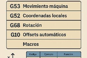 Infografía técnica que muestra los códigos secretos del CNC, incluyendo G53, G52, G68, G10 y macros, con ejemplos visuales y sus funciones principales.