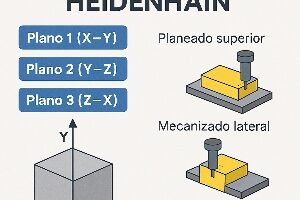 Infografía técnica que muestra los planos 1, 2 y 3 en Heidenhain con sus respectivos ejes de trabajo, orientaciones y aplicaciones prácticas en mecanizado.
