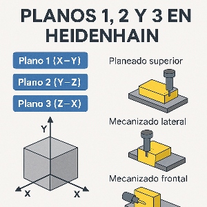 Infografía técnica que muestra los planos 1, 2 y 3 en Heidenhain con sus respectivos ejes de trabajo, orientaciones y aplicaciones prácticas en mecanizado.