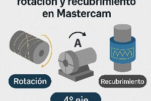 Infografía técnica que muestra el proceso de creación de una pieza con rotación y recubrimiento (wrap) en Mastercam, con ejemplos de mecanizado envolvente y 4º eje.