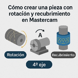 Infografía técnica que muestra el proceso de creación de una pieza con rotación y recubrimiento (wrap) en Mastercam, con ejemplos de mecanizado envolvente y 4º eje.