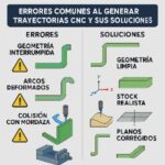 Infografía técnica que muestra los errores más comunes al generar trayectorias en CNC y cómo solucionarlos, con ejemplos de geometría, planos y herramientas.