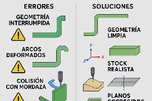 Infografía técnica que muestra los errores más comunes al generar trayectorias en CNC y cómo solucionarlos, con ejemplos de geometría, planos y herramientas.