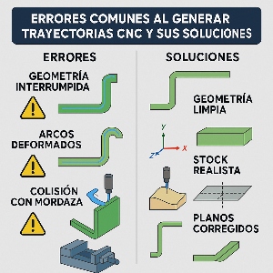 Infografía técnica que muestra los errores más comunes al generar trayectorias en CNC y cómo solucionarlos, con ejemplos de geometría, planos y herramientas.