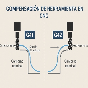 Diagrama explicativo que muestra cómo funciona la compensación de radio de herramienta en CNC con los códigos G41 y G42, indicando la trayectoria de la fresa y el contorno nominal de la pieza.