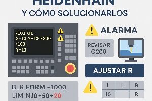 Infografía técnica que muestra los errores más comunes en Heidenhain y cómo solucionarlos, con iconos de alarmas, simulación y ciclos de mecanizado.