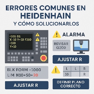 Infografía técnica que muestra los errores más comunes en Heidenhain y cómo solucionarlos, con iconos de alarmas, simulación y ciclos de mecanizado.