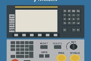 Infografía técnica que muestra la interfaz del control Fanuc con sus principales funciones, modos de operación, teclas, offsets y menús del sistema CNC.
