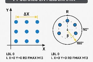 Infografía técnica que muestra cómo usar coordenadas incrementales y polares en Heidenhain, con ejemplos visuales de patrones lineales y circulares.