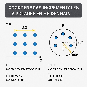 Infografía técnica que muestra cómo usar coordenadas incrementales y polares en Heidenhain, con ejemplos visuales de patrones lineales y circulares.