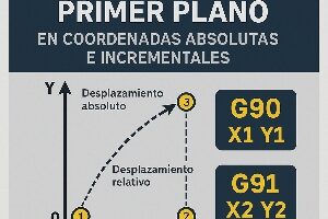 Infografía técnica que explica cómo crear un plano en coordenadas absolutas e incrementales en Fanuc con ejemplos de código G90 y G91.