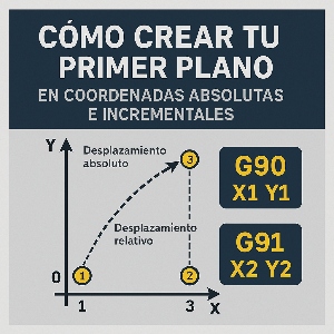 Infografía técnica que explica cómo crear un plano en coordenadas absolutas e incrementales en Fanuc con ejemplos de código G90 y G91.