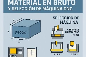 Infografía técnica que muestra cómo configurar el material en bruto y elegir correctamente la máquina CNC en Mastercam, con ejemplos de stock, WCS y tipos de máquinas.