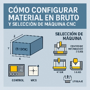 Infografía técnica que muestra cómo configurar el material en bruto y elegir correctamente la máquina CNC en Mastercam, con ejemplos de stock, WCS y tipos de máquinas.