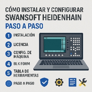 Infografía técnica que muestra el proceso de instalación y configuración de Swansoft Heidenhain en PC, con los pasos principales y la interfaz del simulador TNC.
