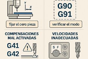 Infografía que muestra los errores más comunes al programar CNC, como orígenes incorrectos, coordenadas mal configuradas y compensaciones erróneas, junto con consejos para evitarlos.