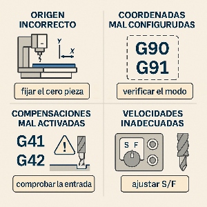 Infografía que muestra los errores más comunes al programar CNC, como orígenes incorrectos, coordenadas mal configuradas y compensaciones erróneas, junto con consejos para evitarlos.