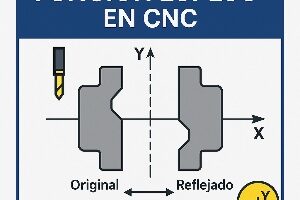 Infografía técnica que explica la función espejo en CNC, mostrando cómo se reflejan las coordenadas en los ejes X y Y y ejemplos visuales de piezas simétricas.