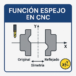 Infografía técnica que explica la función espejo en CNC, mostrando cómo se reflejan las coordenadas en los ejes X y Y y ejemplos visuales de piezas simétricas.
