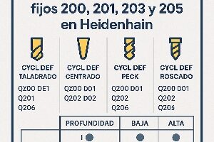 Infografía técnica que muestra las diferencias entre los ciclos fijos 200, 201, 203 y 205 en Heidenhain, con ejemplos visuales y parámetros Q de cada uno.