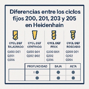 Infografía técnica que muestra las diferencias entre los ciclos fijos 200, 201, 203 y 205 en Heidenhain, con ejemplos visuales y parámetros Q de cada uno.
