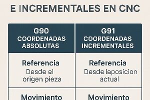 Comparativa visual entre coordenadas absolutas G90 y coordenadas incrementales G91 en programación CNC, mostrando su referencia y tipo de movimiento.