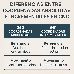 Comparativa visual entre coordenadas absolutas G90 y coordenadas incrementales G91 en programación CNC, mostrando su referencia y tipo de movimiento.