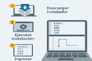 Infografía técnica que muestra el proceso de instalación de Swansoft Fanuc y la creación del primer programa CNC, con pasos numerados e imágenes de la interfaz.