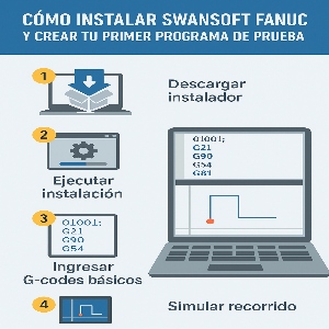 Infografía técnica que muestra el proceso de instalación de Swansoft Fanuc y la creación del primer programa CNC, con pasos numerados e imágenes de la interfaz.