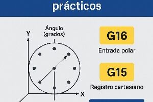 Infografía técnica que muestra cómo programar coordenadas polares en Fanuc usando G16 y G15, con ejemplos de patrones radiales y ciclos de taladrado.