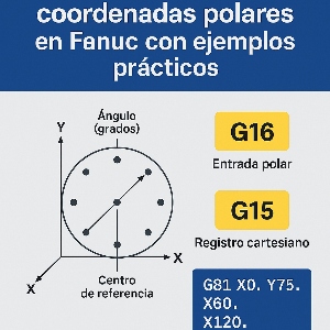 Infografía técnica que muestra cómo programar coordenadas polares en Fanuc usando G16 y G15, con ejemplos de patrones radiales y ciclos de taladrado.