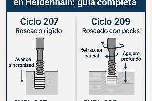 Infografía técnica que explica los ciclos de roscado 207 y 209 en Heidenhain, mostrando diferencias entre roscado rígido y roscado con rotura de viruta.