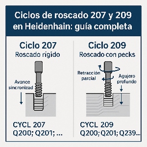 Infografía técnica que explica los ciclos de roscado 207 y 209 en Heidenhain, mostrando diferencias entre roscado rígido y roscado con rotura de viruta.