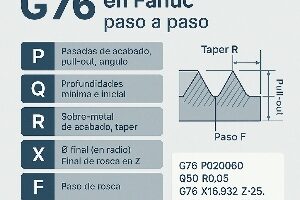 Infografía técnica que explica el ciclo de roscado G76 en control Fanuc con sus parámetros P, Q, R, X, Z, F y ejemplos de código paso a paso.