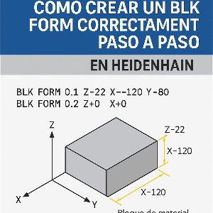 Infografía técnica que explica cómo crear un BLK FORM en Heidenhain, mostrando el bloque de material, los ejes X/Y/Z y ejemplos de coordenadas mínimas y máximas.